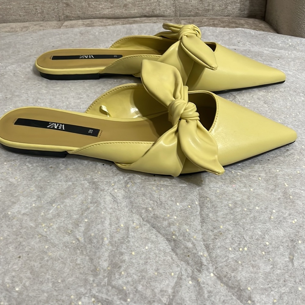 Zara Lemon Yellow Pointed Toe Bow Mules - Picture 4 of 5